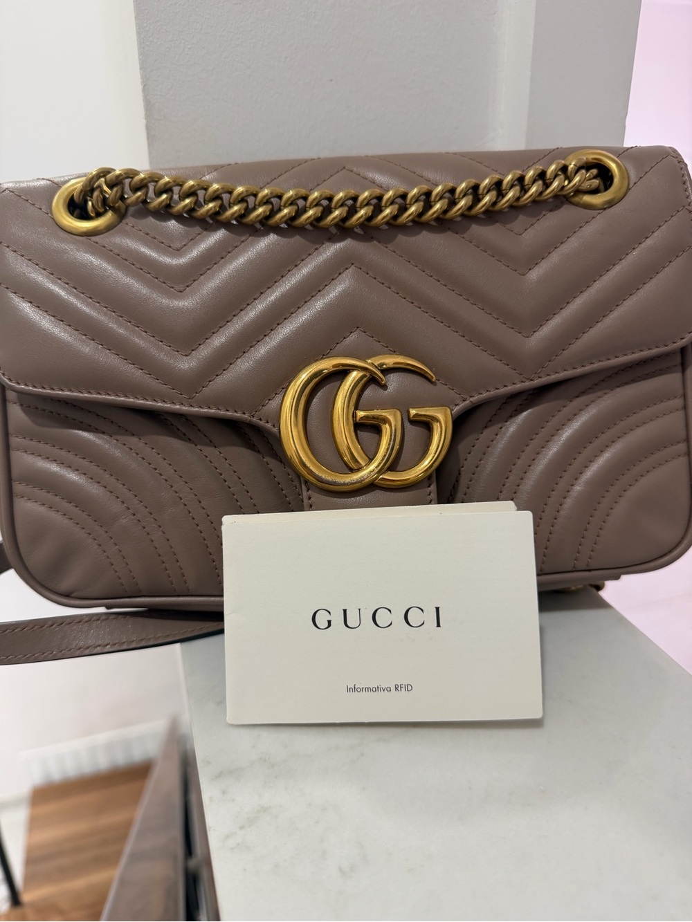 Gucci GG Marmont Chevron Shoulder Bag in Taupe Brown with Gold Hardware